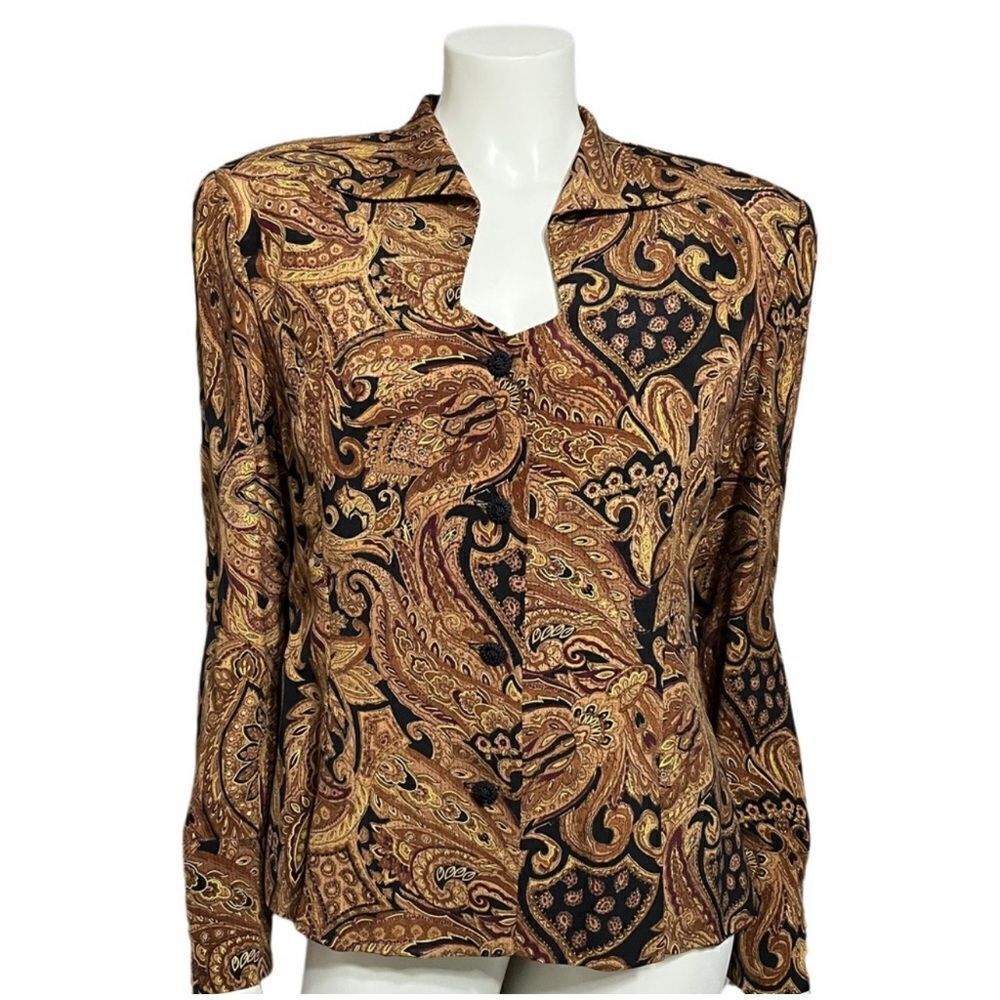 Dana Buchman Women’s Vintage Brown Paisley Silk Button Front Blazer Top Size 10